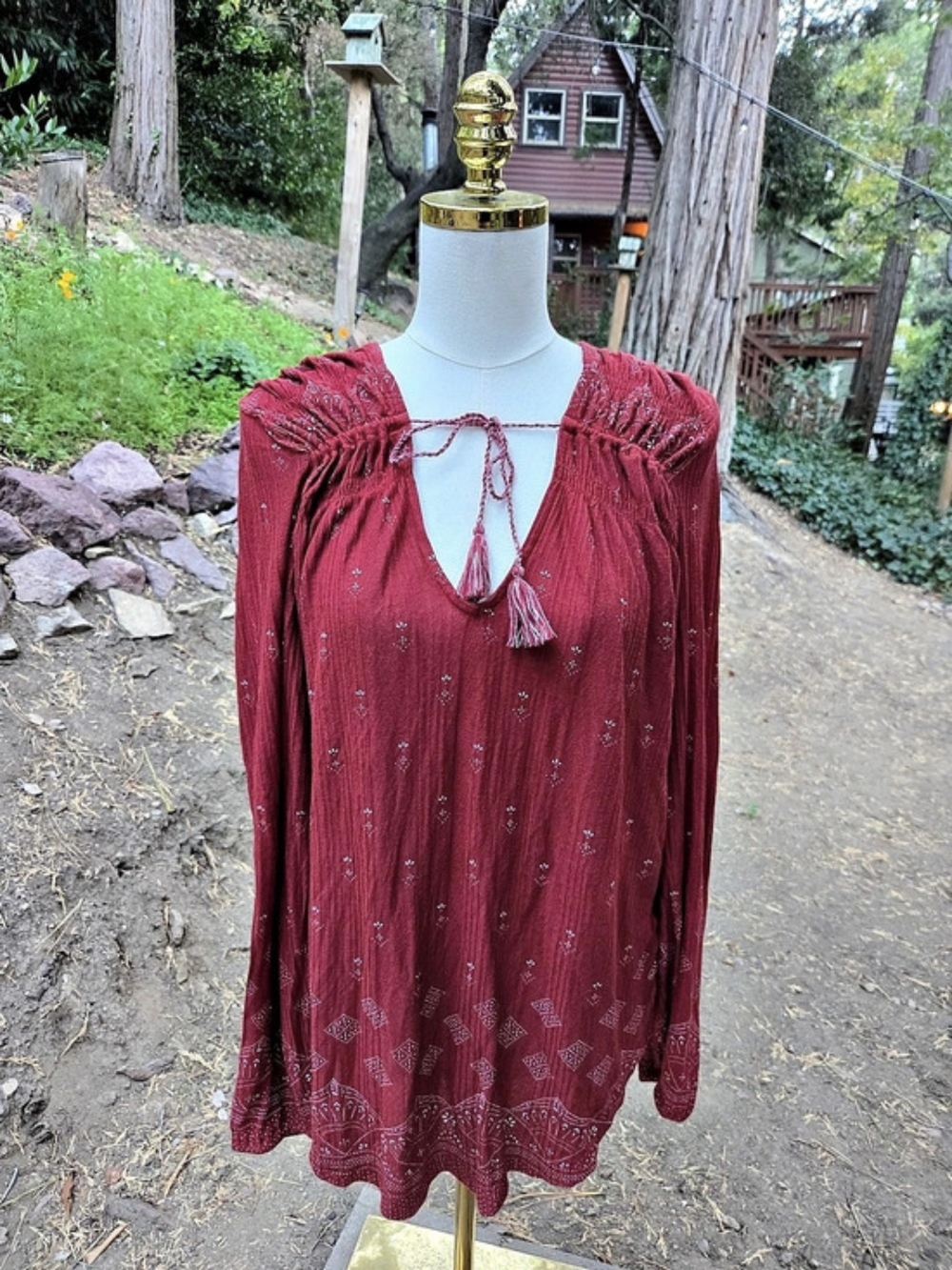 Lucky Brand Boho Geometric Print Long Sleeve Tassel Tie Top Size XL